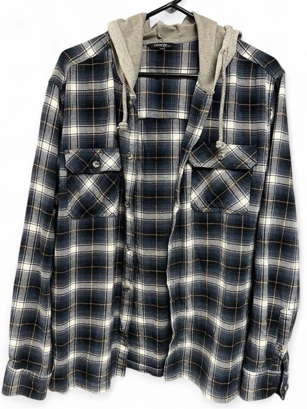 George Hooded Long Sleeve Button Down Flannel Shirt Men’s Size Large